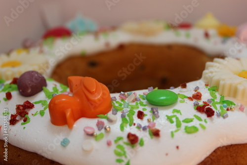 Yummy cake with icing and sprinkles. Spring cake. Easter cake.