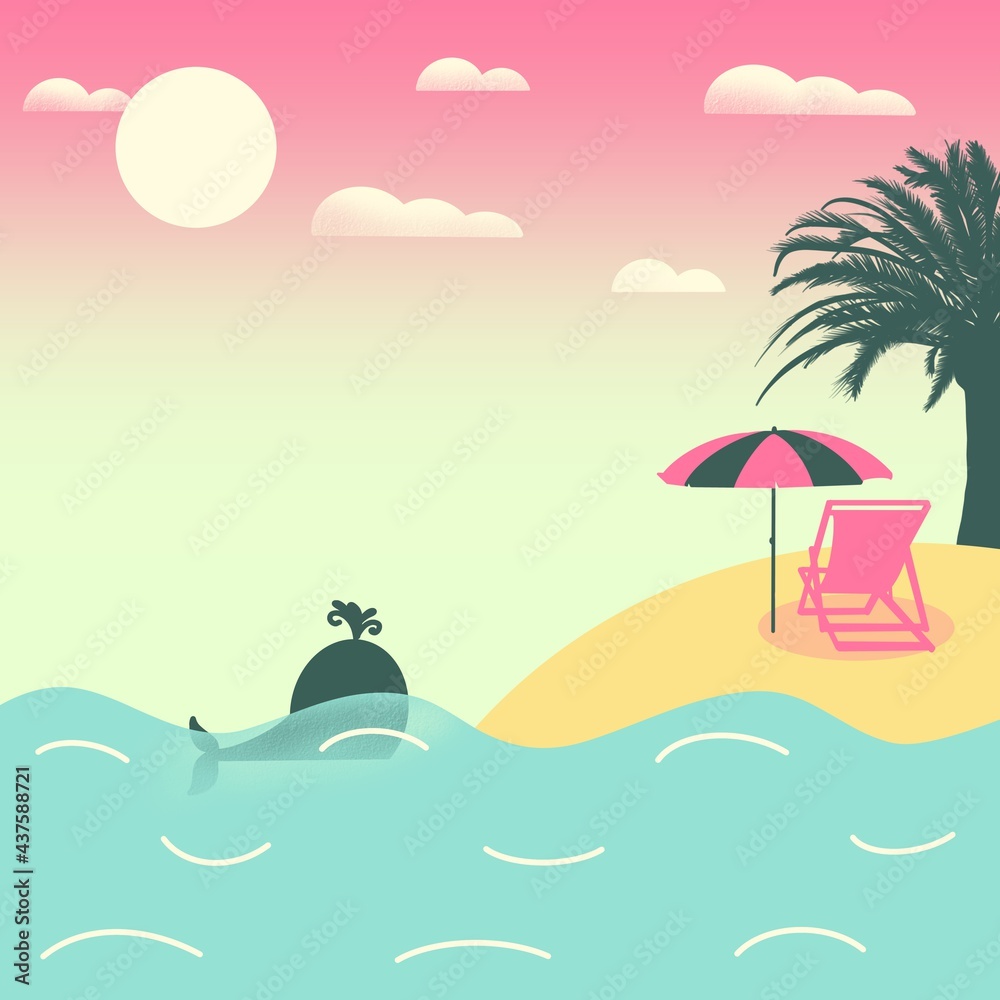 Tropical island with palm trees, lounger and sun umbrella with ocean view and whale flat illustration 