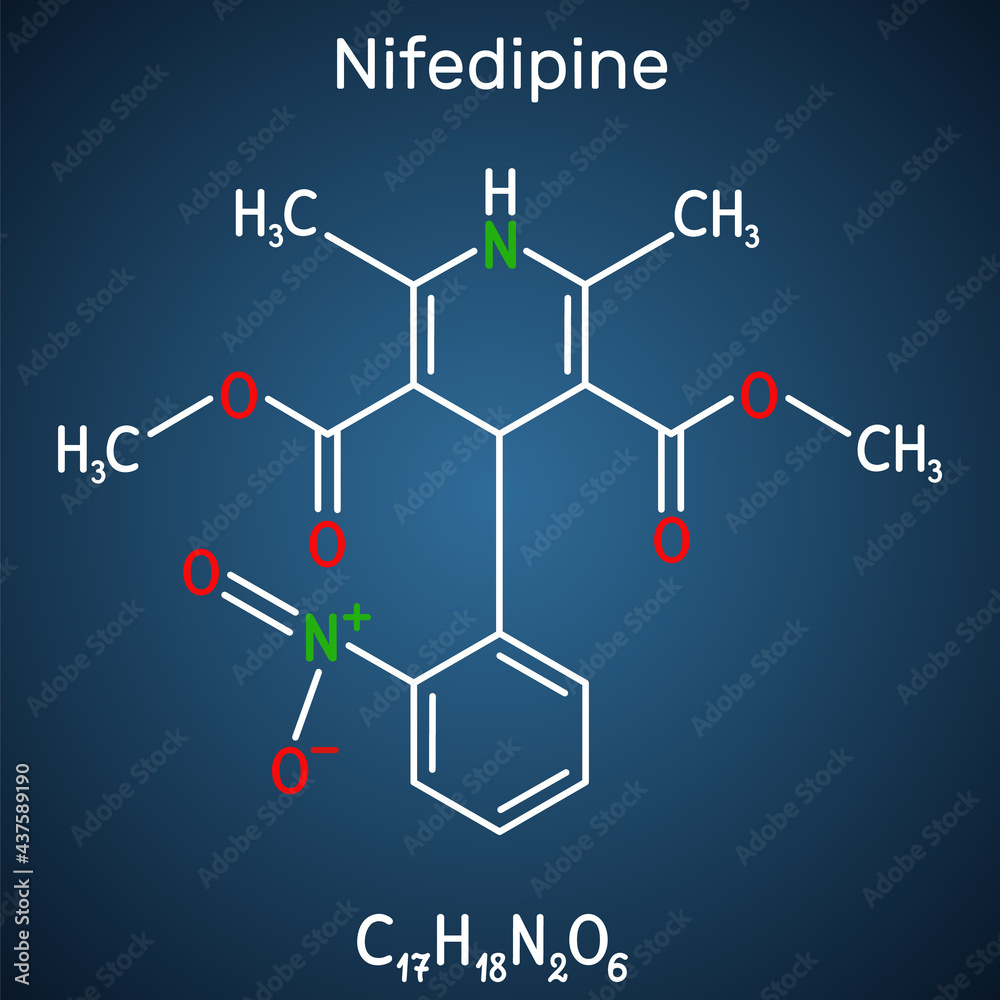 Nifedipine, molecule. It is dihydropyridine calcium channel blocking agent. Structural chemical formula on the dark blue background