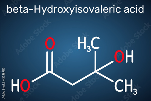 Beta-hydroxy beta-methylbutyric acid, HMB, beta-Hydroxyisovaleric acid molecule. It is indicator of biotin deficiency, leucine metabolite. Structural formula on the dark blue background photo