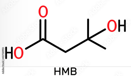 Beta-hydroxy beta-methylbutyric acid, HMB, beta-Hydroxyisovaleric acid molecule. It is indicator of biotin deficiency, leucine metabolite. Skeletal chemical formula photo