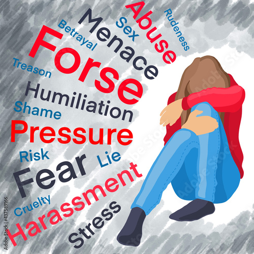 A poster on women's issues: humiliation, violence, harassment, abuse, sexual exploitation, and others. Protection of women. Feminism.