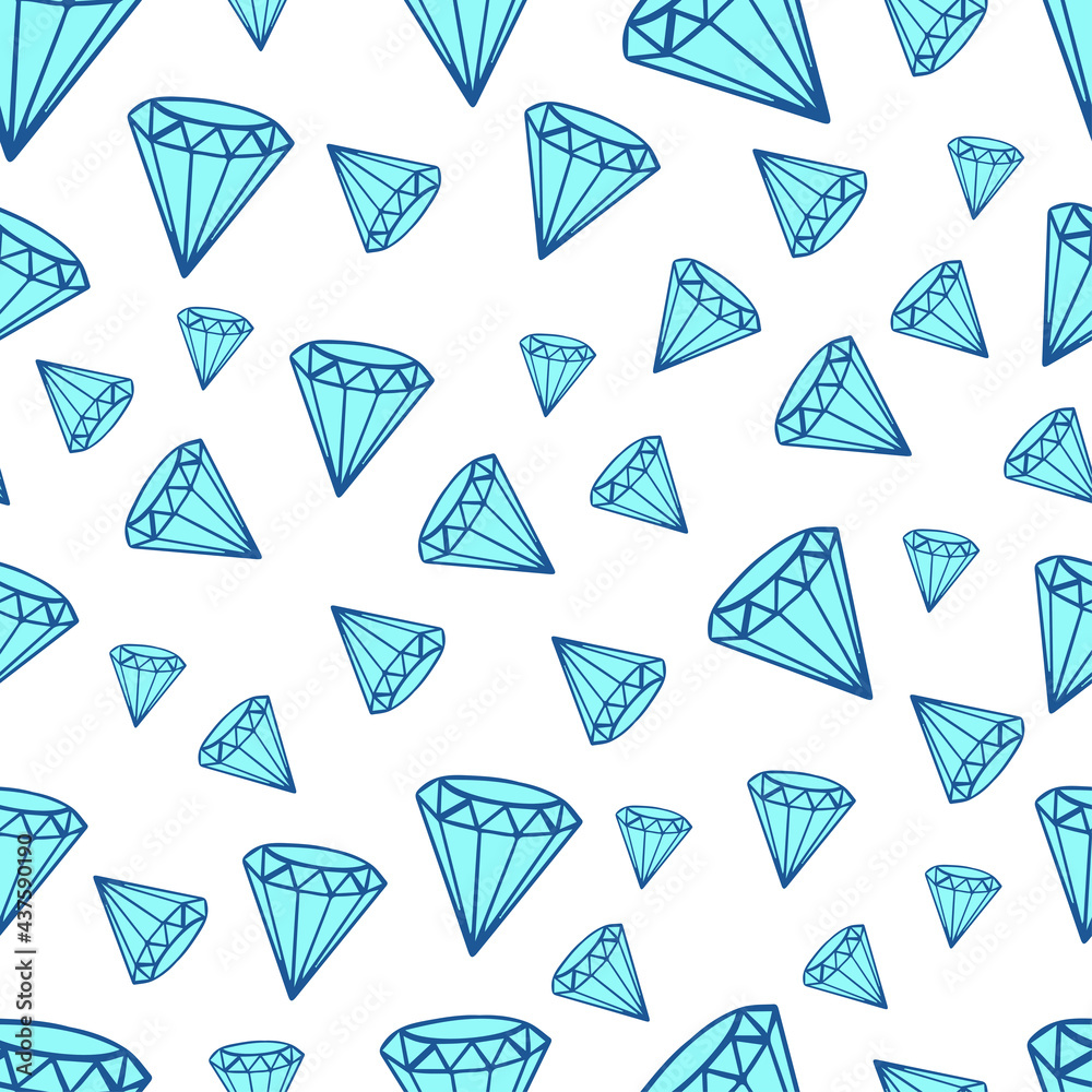 Diamond crystal gemstone mineral geometric abstract seamless pattern. Cartoon style. Blue stone accessory decoration isolated on white background. Diamond crystal gemstone mineral geometric abstract seamless pattern. Cartoon style. Blue stone accessory decoration isolated on white background.