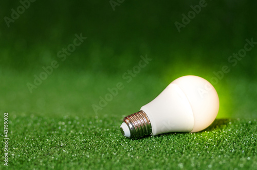 LED bulp with lighting on green grass background