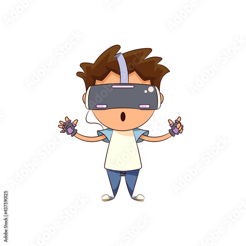 Child playing virtual reality game, surprised cute kid vr headset