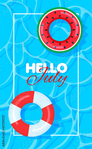 Swimming pool summer background with colorful lifebuoys. Hello july concept. Pool party template banner. Float rings. Vector illustration in trendy flat style.