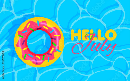 Swimming pool summer background with colorful lifebuoys. Hello july concept. Pool party template banner. Float rings. Vector illustration in trendy flat style.