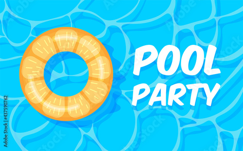 Pool party template banner. Swimming pool summer background with colorful lifebuoys. Float ring. Vector illustration in trendy flat style. Top view.