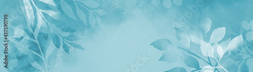 Floral nature background of blue plant leaves and flower leaves on border, pastel light blue and white watercolor painted leaf outlines in abstract illustration with soft texture