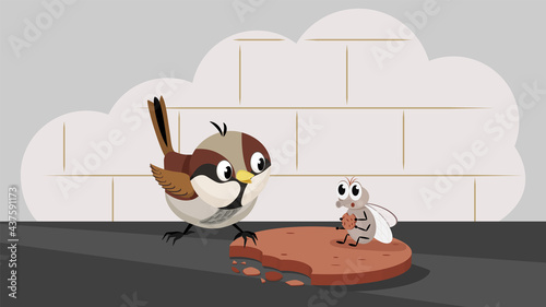 Cartoon fly and sparrow. Vector illustration of a cartoon sparrow and a fly on a piece of cookie for animation. All the details are on separate layers with names. Editable strokes