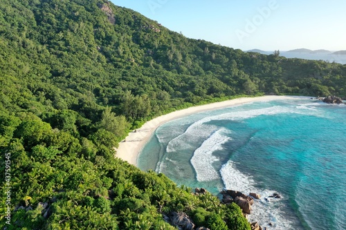 Scenic view of beautiful tropical beach and landscape. Nature background. La Digue island, Seychelles