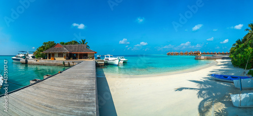 Amazing wide panorama of tropical Maldives island on a sunny day. Exotic vivid beach background with blue turquoise lagoon and palm trees. Luxurious holiday and romantic honeymoon destination. © SeaRain