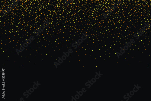 Star Sequin Confetti on Black Background. Christmas Party Frame. Isolated Flat Birthday Card. Golden Stars Banner. Vector Gold Glitter. Falling Particles on Floor. Voucher Gift Card Template.