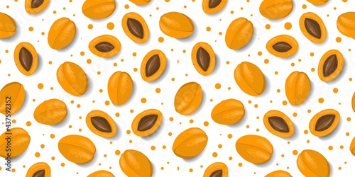 Trendy fruit pattern with apricots. Orange ripe apricots on a white background. Bright summer fabric and textile design