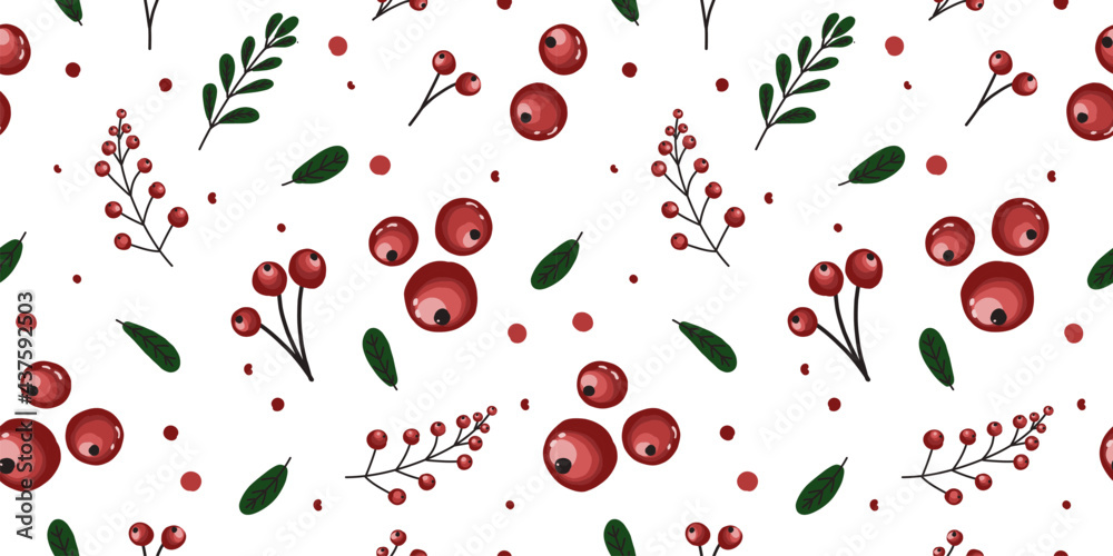 Trendy berry pattern with lingonberries. Red ripe cranberries on a white background. Bright summer fabric and textile design. Red currants. Trendy berry pattern with lingonberries. Red ripe cranberries on a white background. Bright summer fabric and textile design. Red currants.