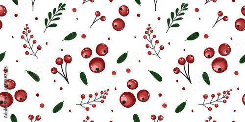 Trendy berry pattern with lingonberries. Red ripe cranberries on a white background. Bright summer fabric and textile design. Red currants.