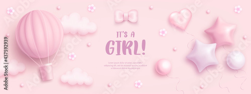 Baby shower horizontal banner with cartoon hot air balloon, helium balloons and flowers on pink background. It's a girl. Vector illustration