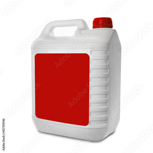 Plastic canister isolated on white background. Blank white canister with an empty red label and a red cap. Mock up for label, brand and packaging design.