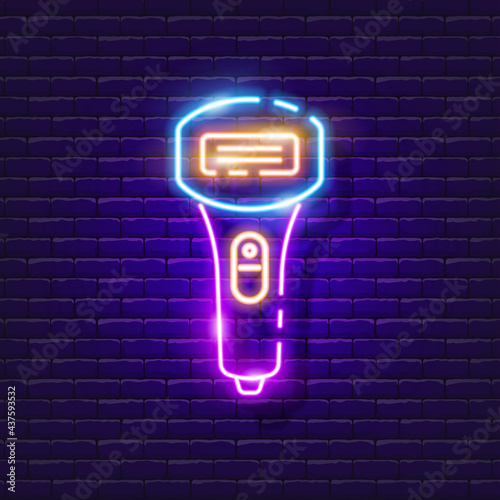 Photoepilator neon sign. Epilator glowing icon. Vector illustration for design. Body care equipment. Beauty salon concept.
