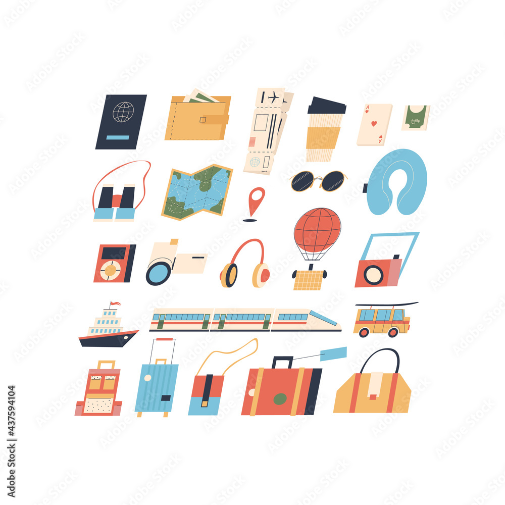 A set of items for the traveler. Flat style, isolated vector objects on white background A set of items for the traveler. Flat style, isolated vector objects on white background