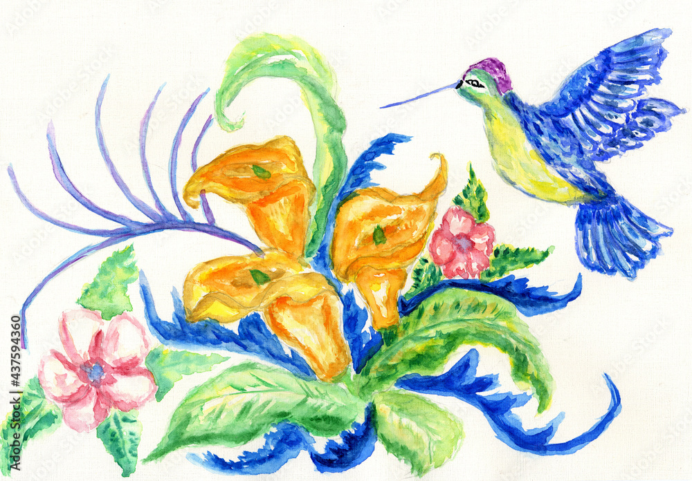 Obraz premium Hummingbird and flower art
