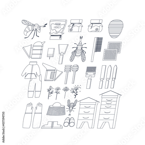 A set of bee honey items. Beehive, tools and bees. Linear style, vector flat illustration. 