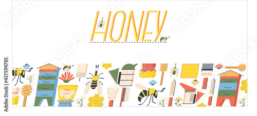 Amateur Beekeeper Professional's banner honeybees and honey production accessories. Honey text. Bees hives and honey. Flat vector illustration.