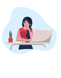 The girl looks at the laptop screen. Homeschooling, remote work. Cartoon style, vector