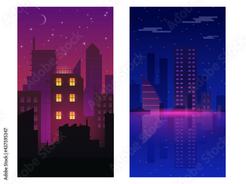 Vector set of 2 backgrounds. Futuristic cyberpunk background for stories  WEB. Neon city background. Skyscrapers landscape