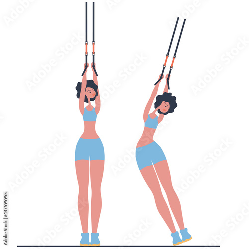 Woman stretched out on cables and doing a workout.  Flat vector illustration
