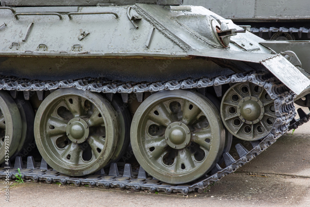 Armored hull and track with rollers of the Russian T-34 tank Armored hull and track with rollers of the Russian T-34 tank