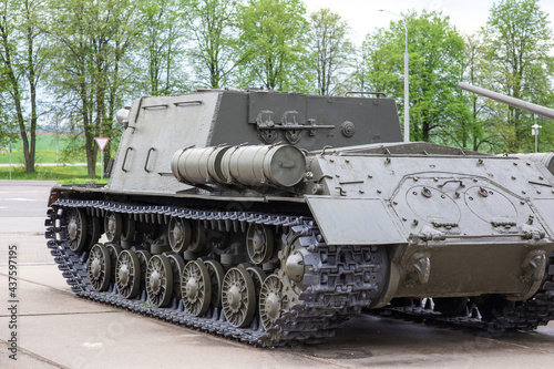 Rear view of the ISU-152 tank. Soviet self-propelled gun developed and used during World War II