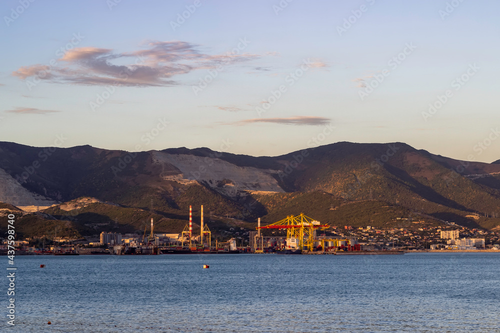 The cargo ship is brought into the port against the background of the mountain.