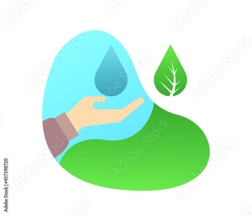 natural leaf, water drop and hand icon vector.
