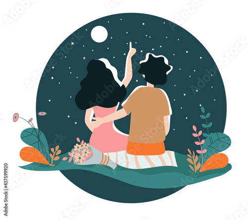 Two people - a man and a woman at night on the glade. Date under the moon in the forest. 