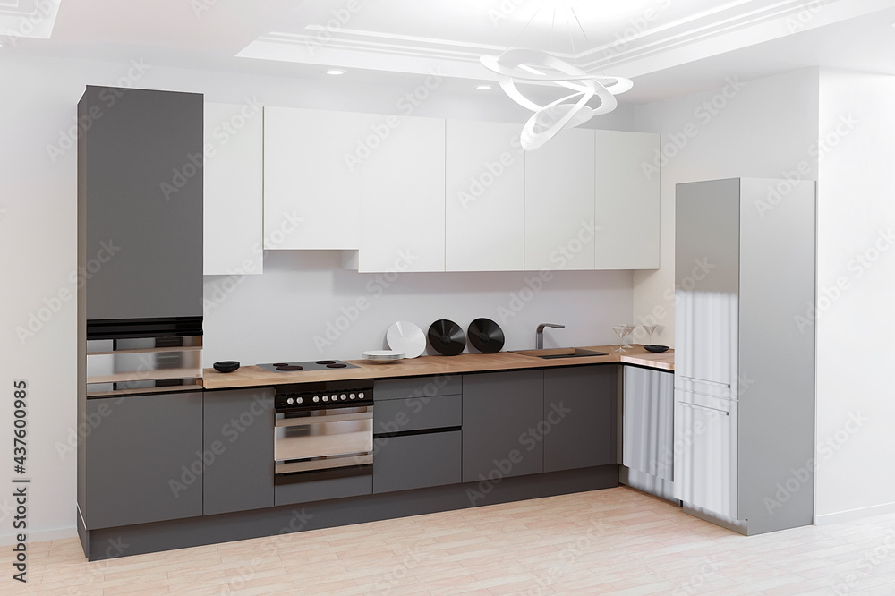 3d render of modern kitchen, white and graphite colors. 3d render of modern kitchen, white and graphite colors.