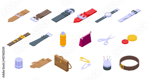 Haberdashery icons set. Isometric set of haberdashery vector icons for web design isolated on white background