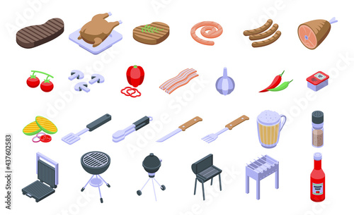Grilled food icons set. Isometric set of grilled food vector icons for web design isolated on white background