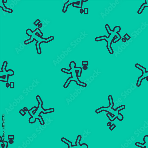 Blue line Murder icon isolated seamless pattern on green background. Body, bleeding, corpse, bleeding icon. Concept of crime scene. Vector