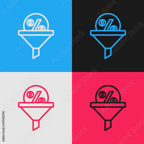 Pop art line Lead management icon isolated on color background. Funnel with discount percent. Target client business concept. Vector