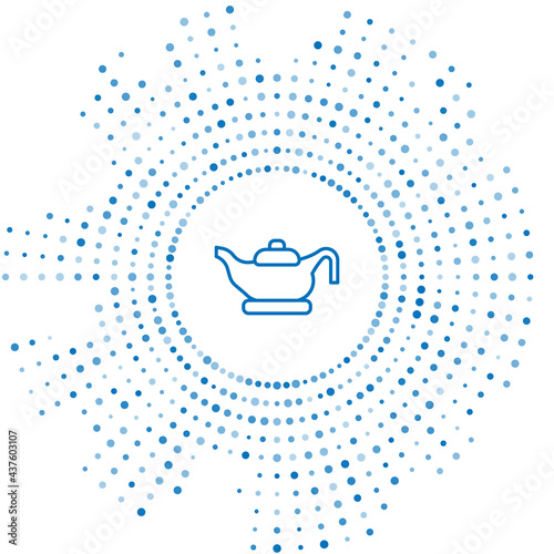 Blue line Oil lamp icon isolated on white background. Abstract circle random dots. Vector