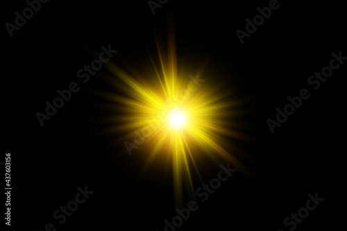 Starburst with sparkles and rays. Golden light flare effect with stars and glitter isolated on transparent background. gold illustration of shiny glow star with stardust and big ray, gold lens flare