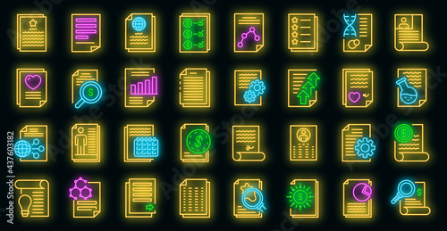 Reporter icons set. Outline set of reporter vector icons neon color on black