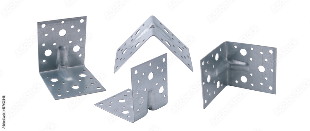 Metal construction corners with holes isolated on a clean white background without shadows from different angles. Metal construction corners with holes isolated on a clean white background without shadows from different angles.