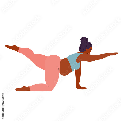 black woman practices yoga. sports and fitness. girl practices asanas. yoga poses. stock vector illustration isolated on white.