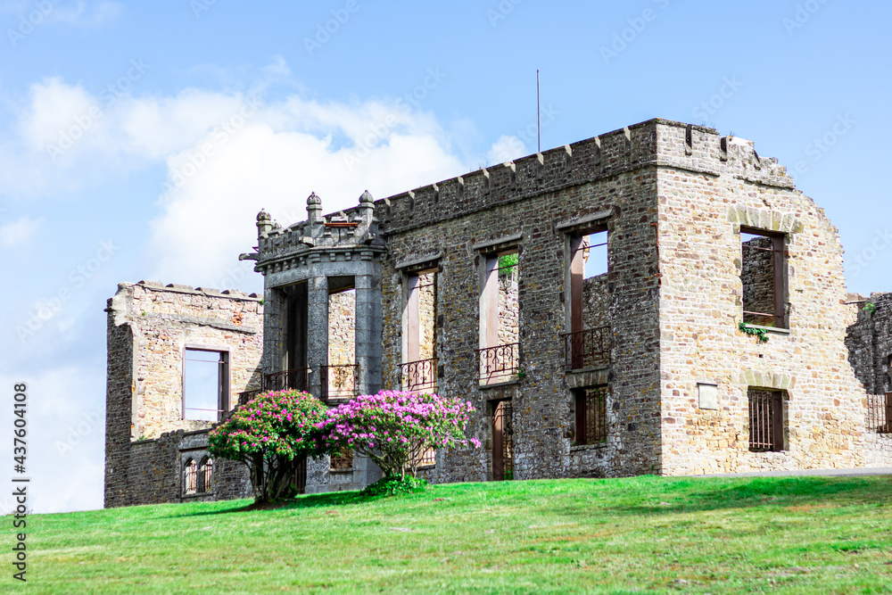 Château du Mont de Cerisy-Belle-Etoile avec les rhododendrons en fleurs.