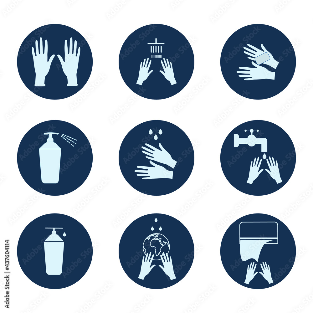 Hygiene icons set. Vector icons of hand washing and antibacterial soap, antiseptic use and sanitation. Wash your hands with soap and water.