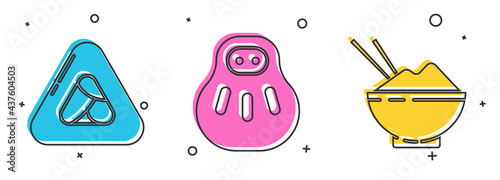 Set Sushi, Maneki neko cat and Rice in a bowl with chopstick icon. Vector