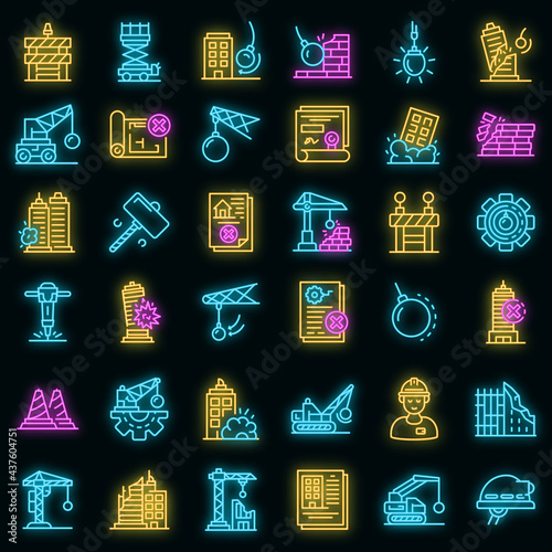 Demolition work icons set. Outline set of demolition work vector icons neon color on black