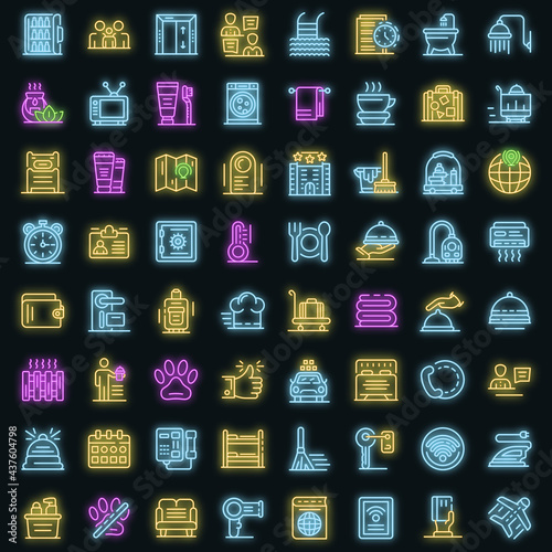 Room service icons set. Outline set of room service vector icons neon color on black